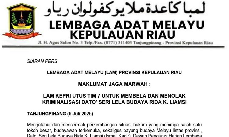 LAM Kepri Bentuk Tim Khusus 7 Orang, Kawal Kasus Rida K. Liamsi dan Serukan Penyelesaian Bermartabat
